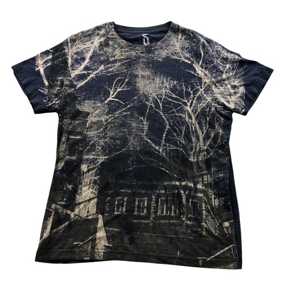 Decree Mens T-Shirt Size XL Short Sleeve Urban Landscape Graphic Tee Navy Casual - Picture 1 of 9